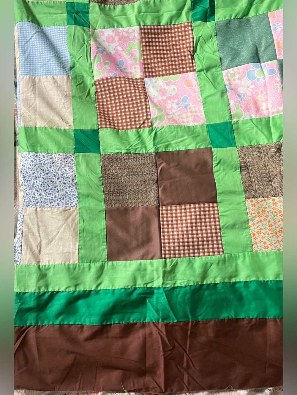 quilt top 76”x97”, cotton & synthetic square block w/variety of pattern & color